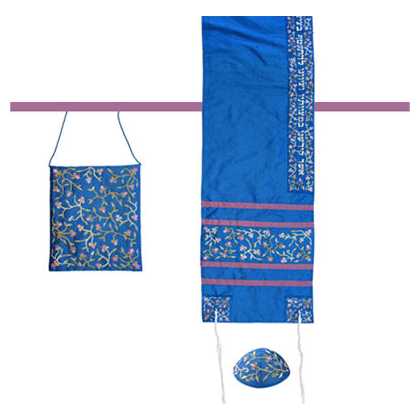Blue Silk Climbing Flowers Tallit Set By Yair Emanuel - 16" X 70"