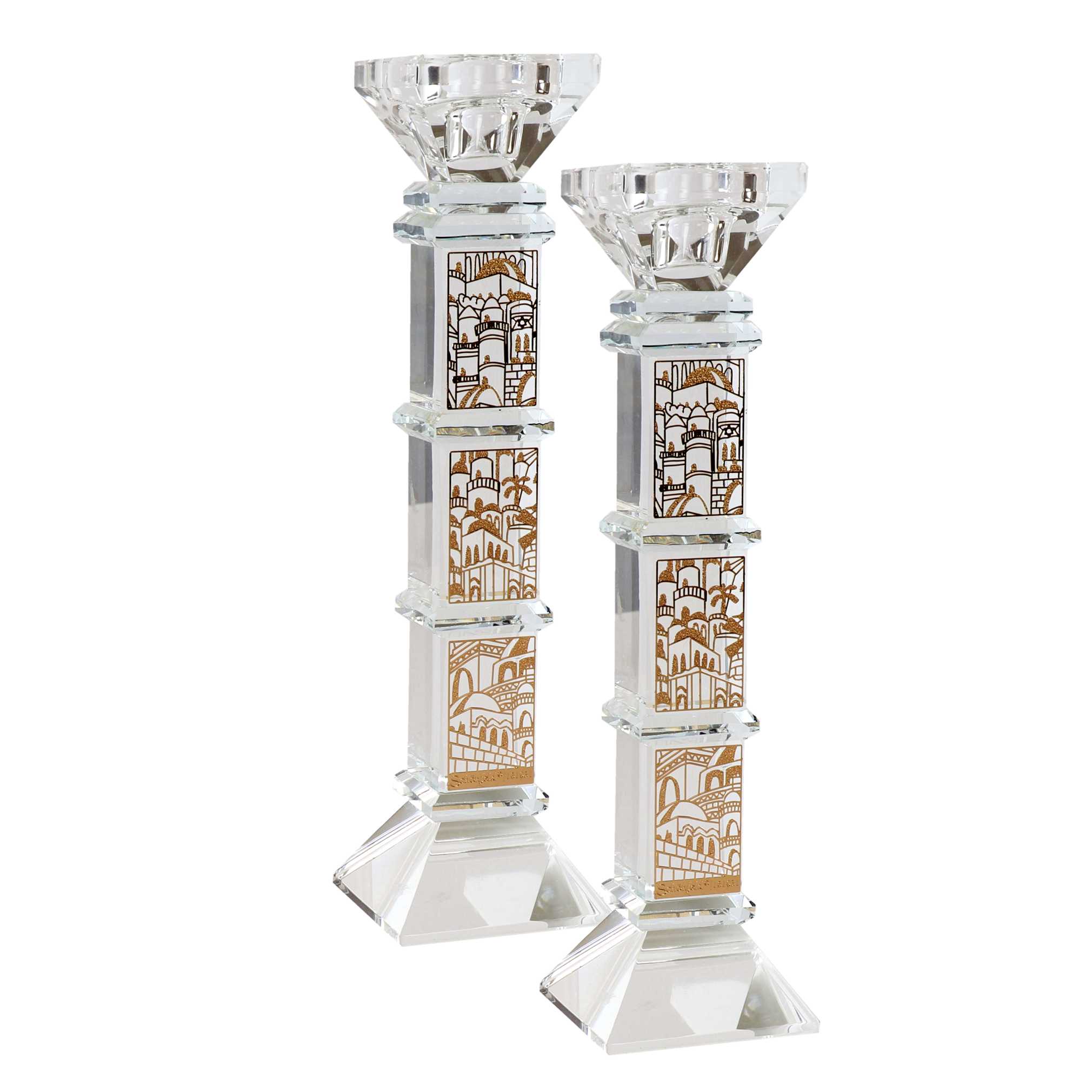Crystal Square Candlesticks - Gold Jerusalem Design 9"