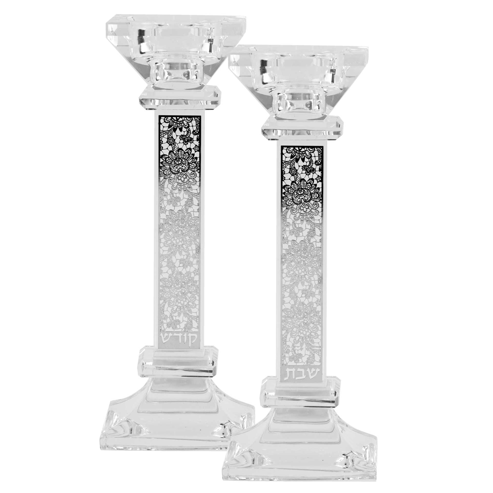 Crystal Square Candlesticks - Silver Floral Design