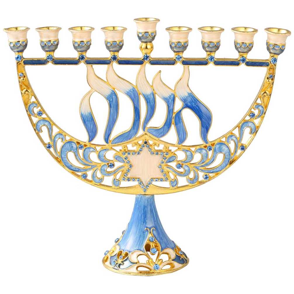Crystaled Blue And Rose Gold Hand Painted Star Of David Menorah -Perfect For Hanukkah