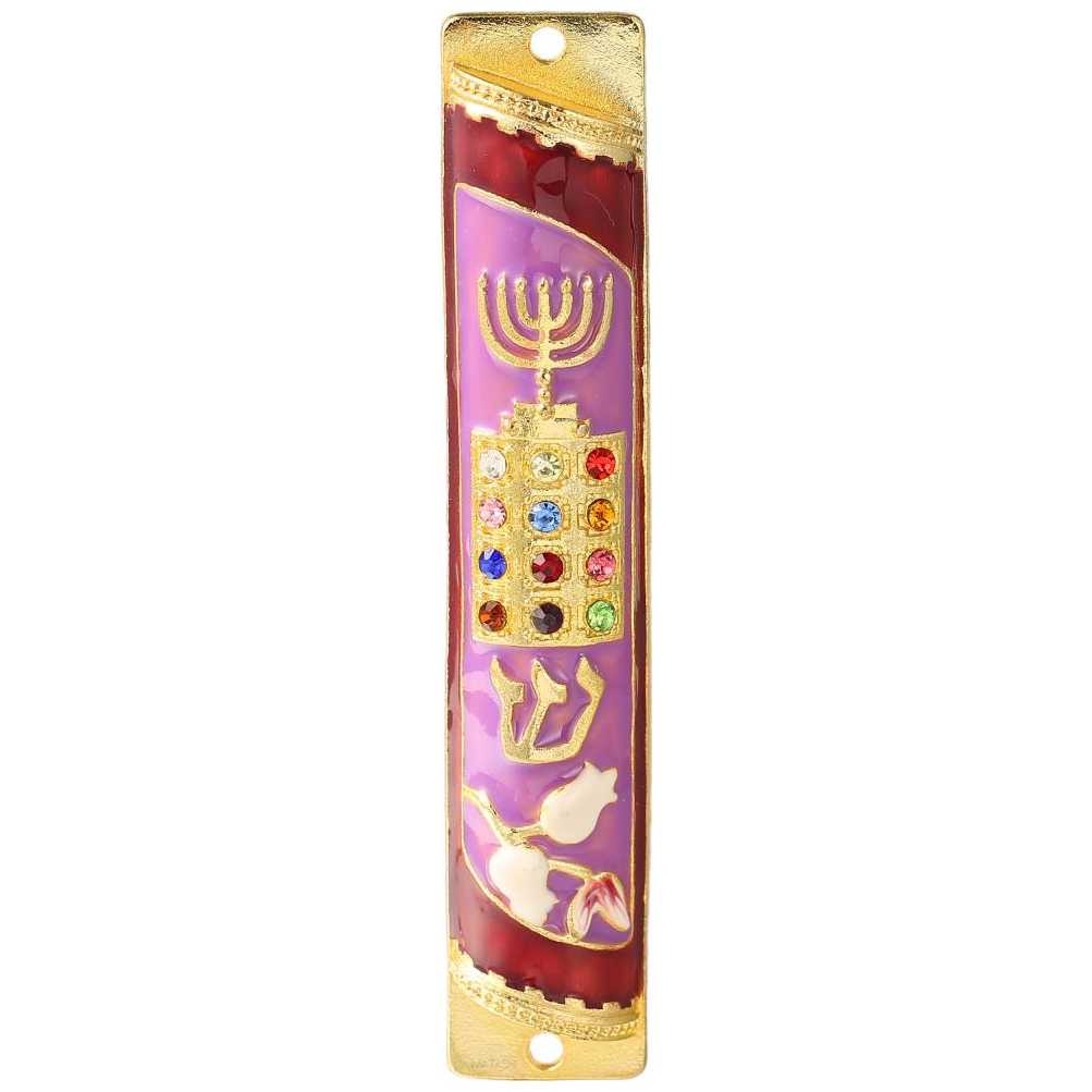 Crystaled  Lavender And Red Hand Painted Menorah & Choshen Mezuzah Case