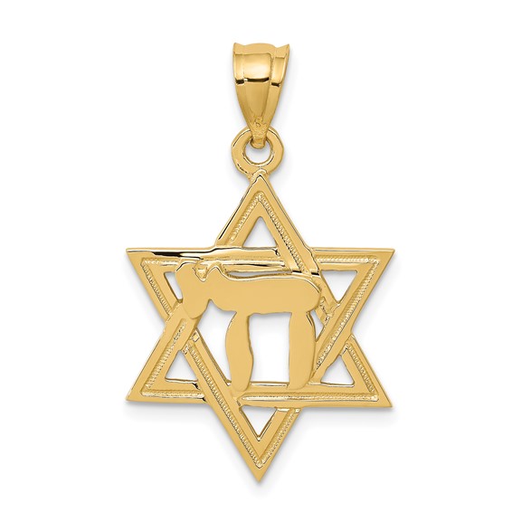 14K Yellow Gold Polished Chai In Star Of David Pendant
