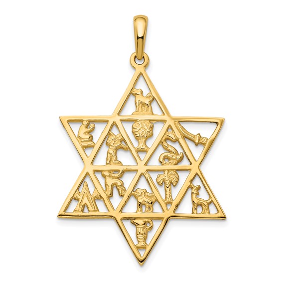 14K Yellow Gold Star Of David 12 Tribes Pendant
