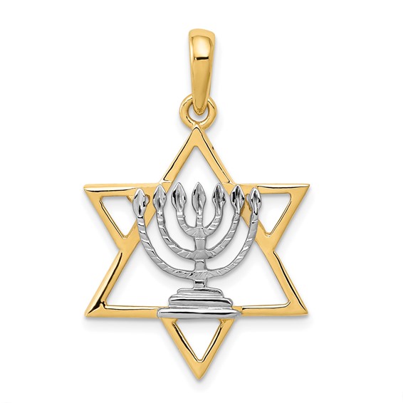 14K Yellow Gold Star Of David Pendant With Rhodium Menorah