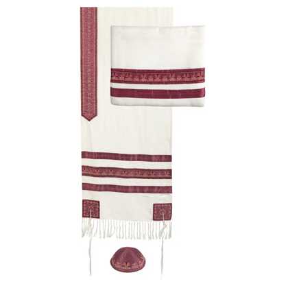 Maroon Silk Date Palms Embroidered Tallit Set By Yair Emanuel - 20" X 75"
