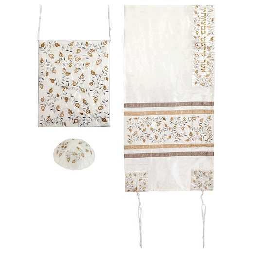 Silver And Gold Raw Silk Delicate Embroidered Pomegranate Tallit Set By Yair Emanuel - 16" X 70"