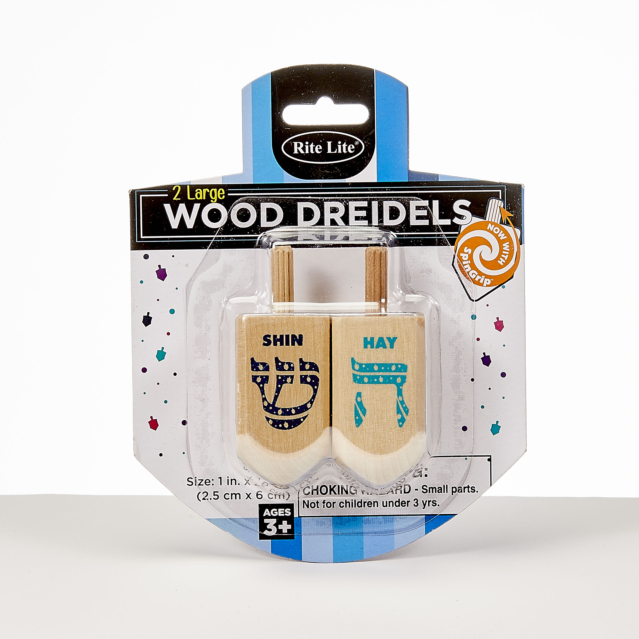 THE DREIDEL GAME, 2 LARGE WOOD DREIDELS, 2.5"H, CARDED