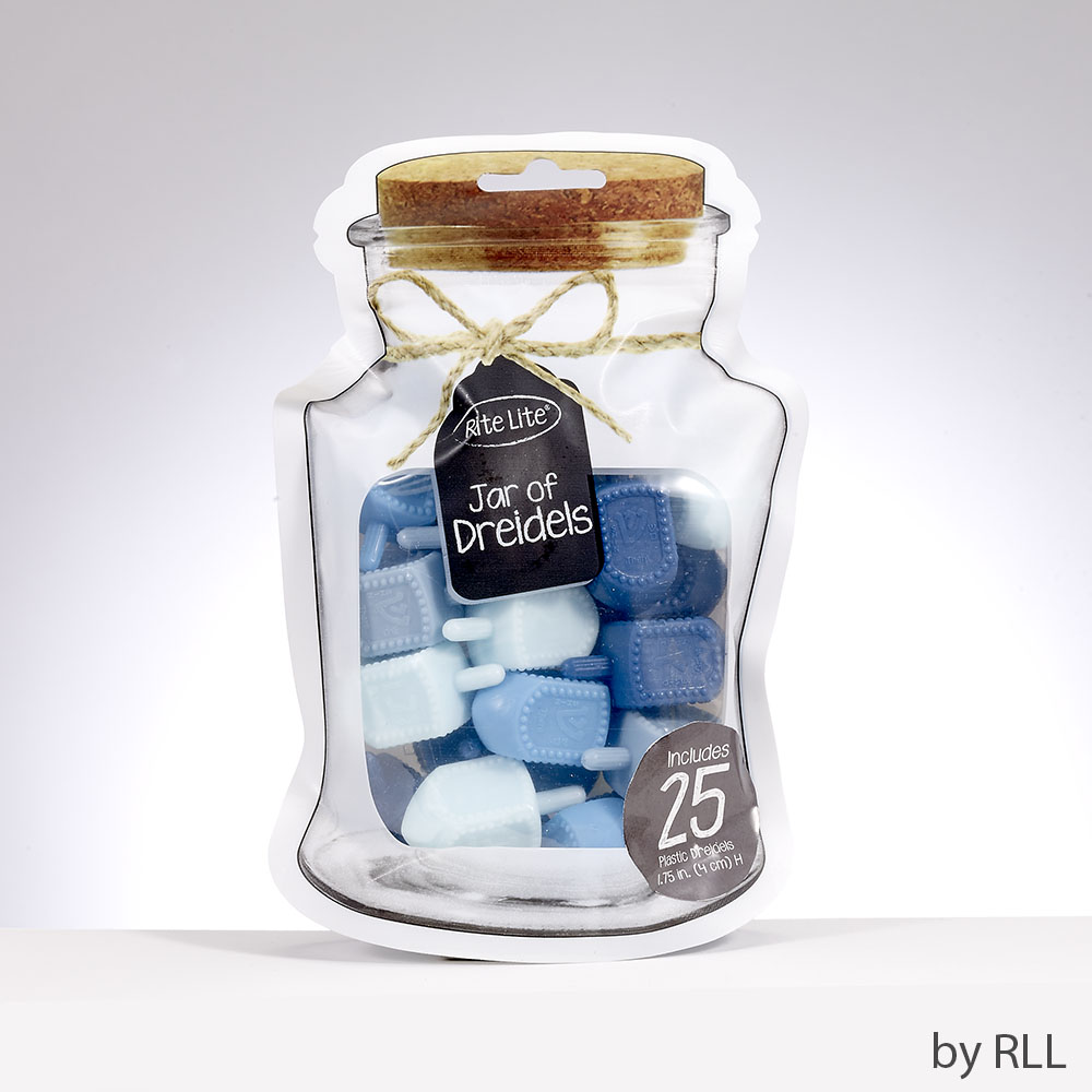 DREIDELS,"JAR",PLASTIC,SHADES OF BLUE,MED.,25 DREIDELS/JAR POUCH