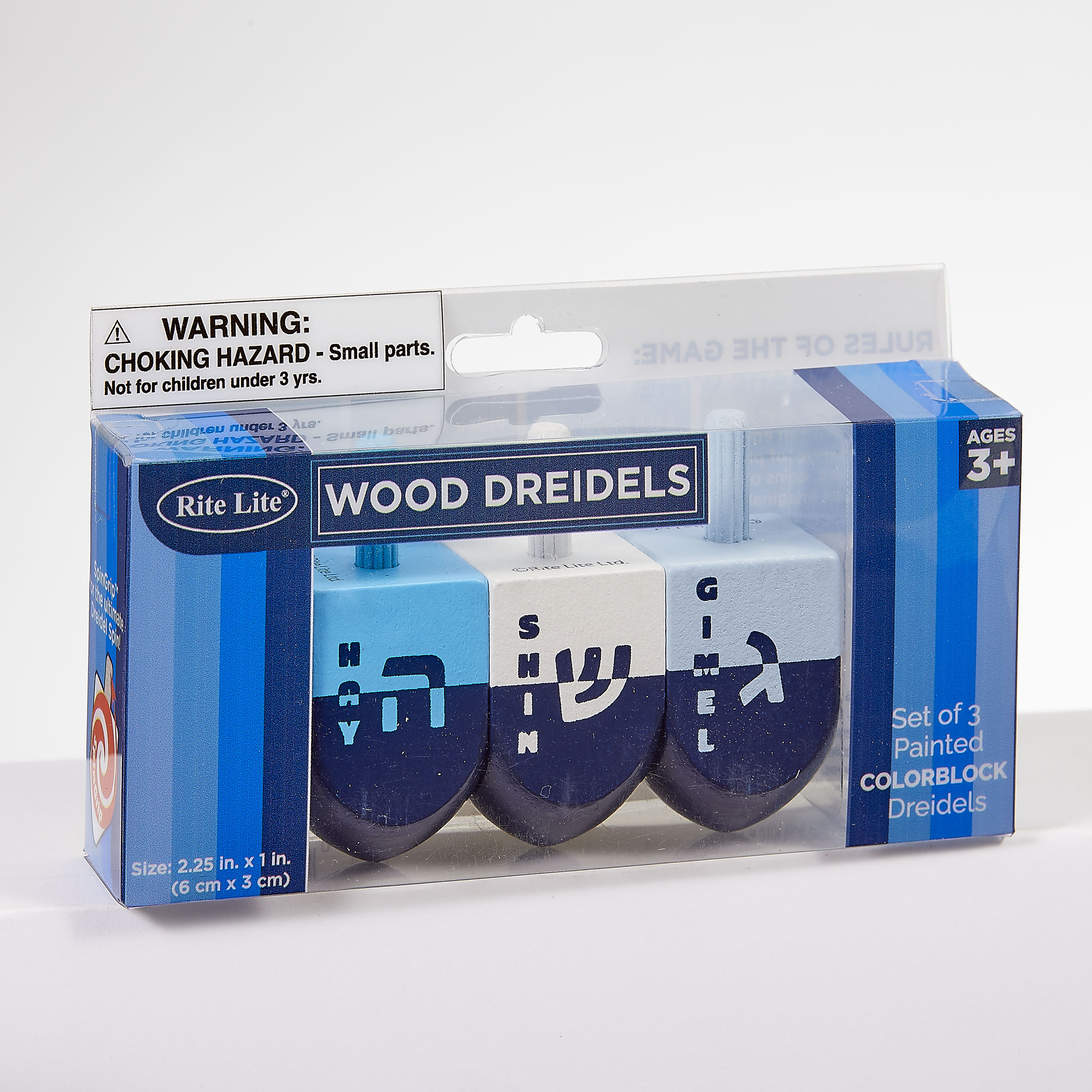 DREIDELS,COLORBLOCK,SHADES/BLUE,HNDPAINTD WOOD,LG,2.25",3/GIFTBX