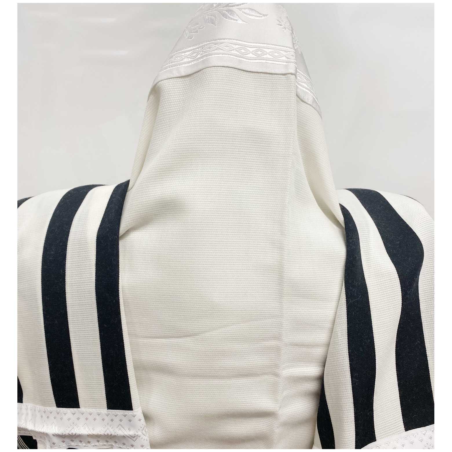 Elite Weave Non-Slip Wool Tallis With Black Stripes And Ashkenaz Tied Tzitzis