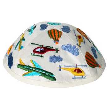 Embroidered Airplanes Kippah - White