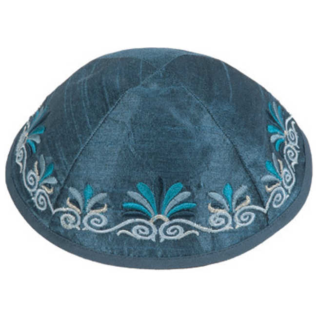 Blue Embroidered Date Palm Kippah By Yair Emanuel
