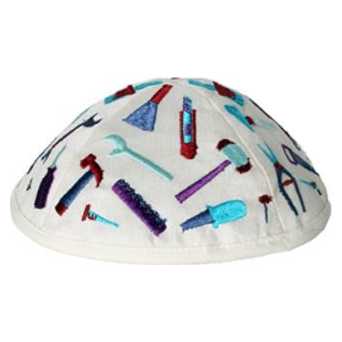Embroidered Tools Kippah - White