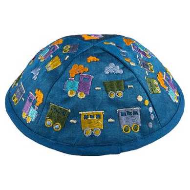 Embroidered Trains Kippah - Blue