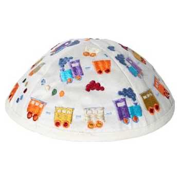 Embroidered Trains Kippah - White