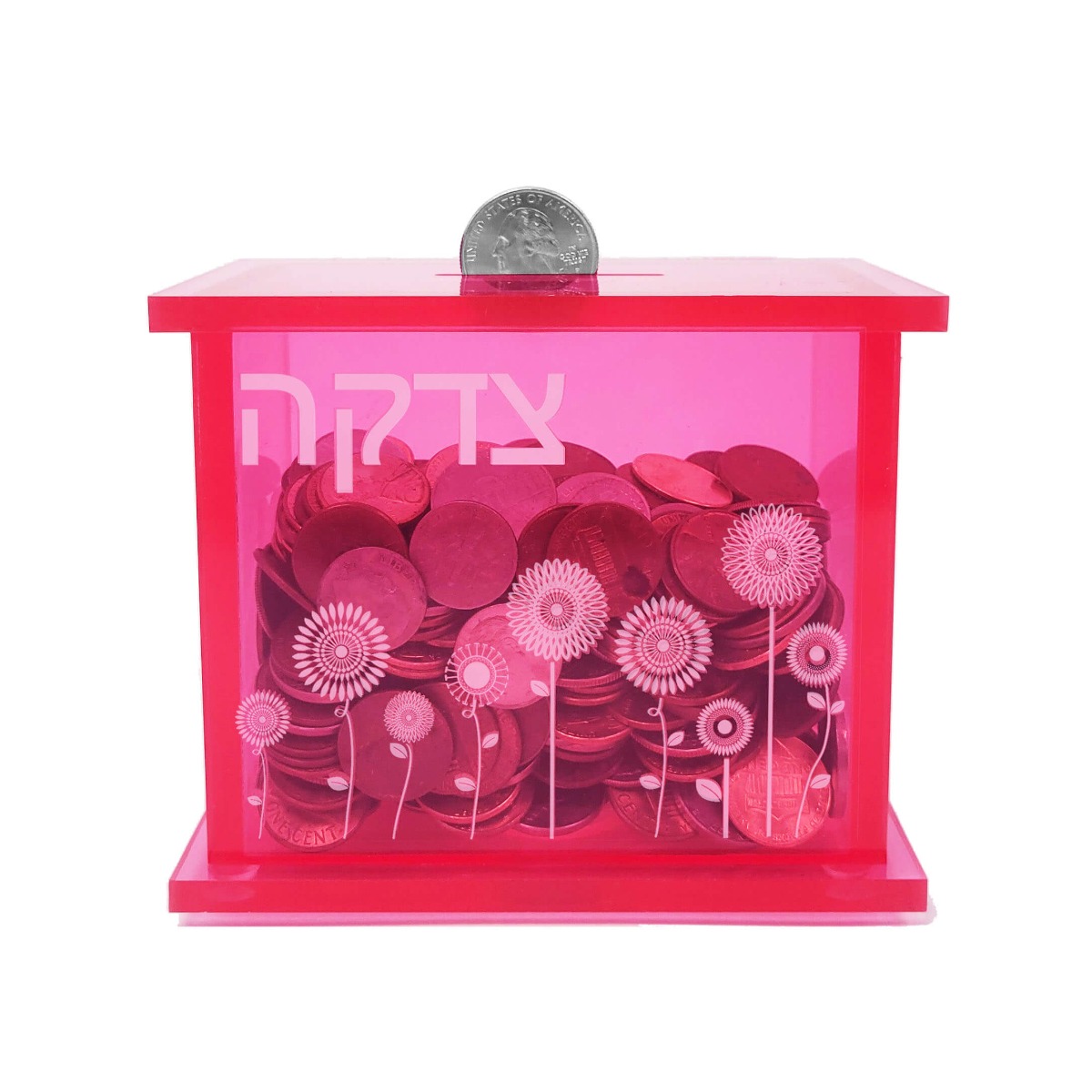Pink Flower Design Acrylic Tzedakah Box