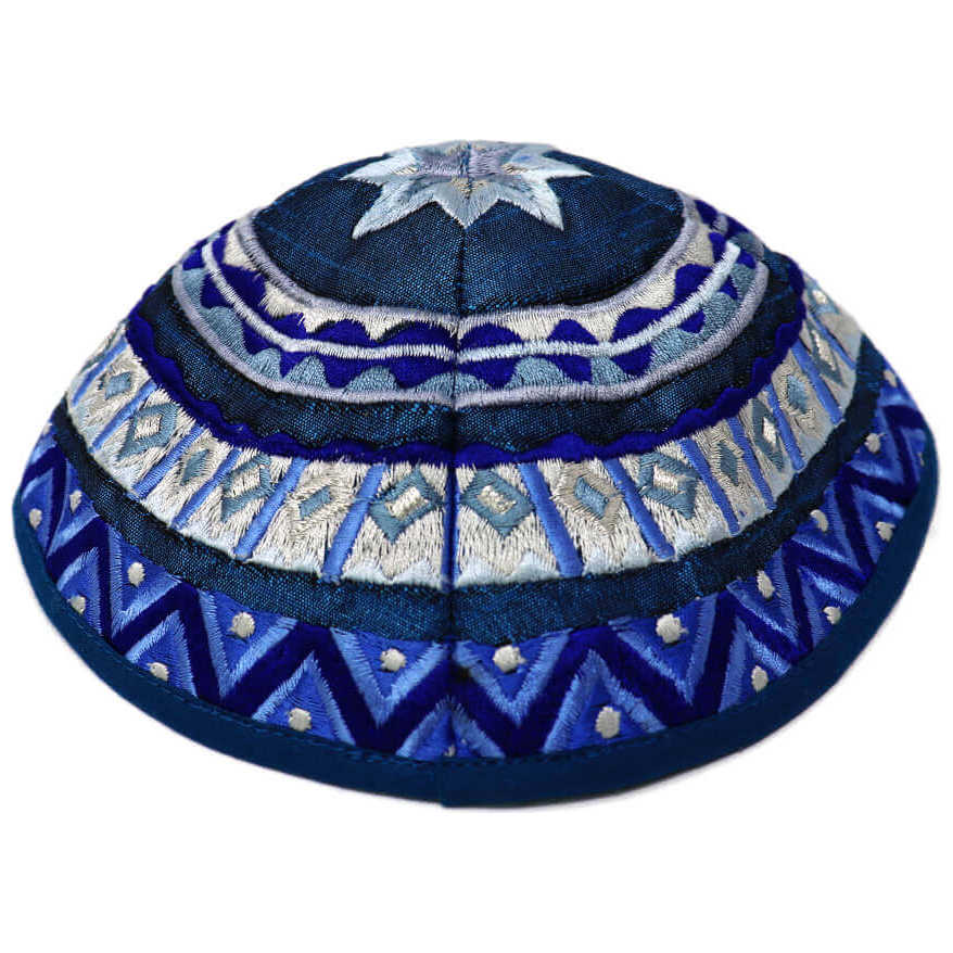 Blue Geometrical Embroidered Cotton Kippah By Yair Emanuel