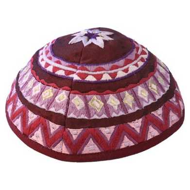 Marroon Geometrical Embroidered Cotton Kippah By Yair Emanuel