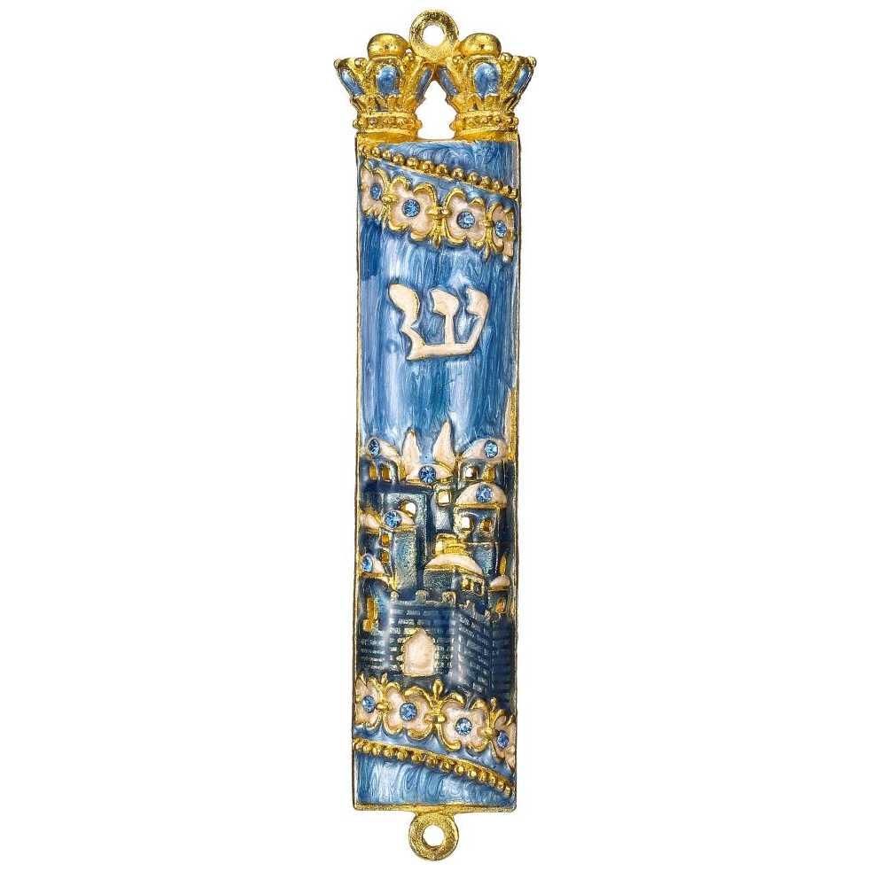 Gold And Blue Hand Painted Jerusalem Design Crystalled Mezuzah Case