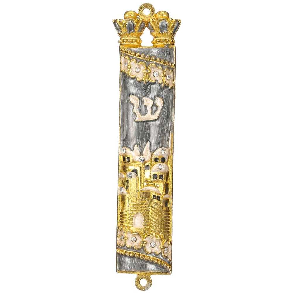 Gold And Gray Hand Painted Jerusalem Design Crystalled Mezuzah Case