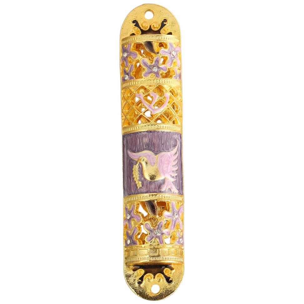 Gold And Purple Crystaled Hand Painted Floral Mezuzah Case