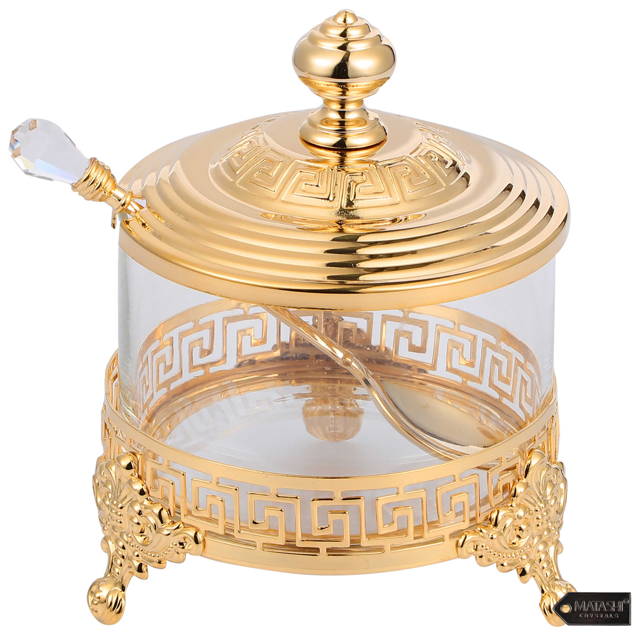24K Gold Plated Contemporary Designed Decorative Dish With Crystal Studded Spoon -Perfect For Rosh Hashanah