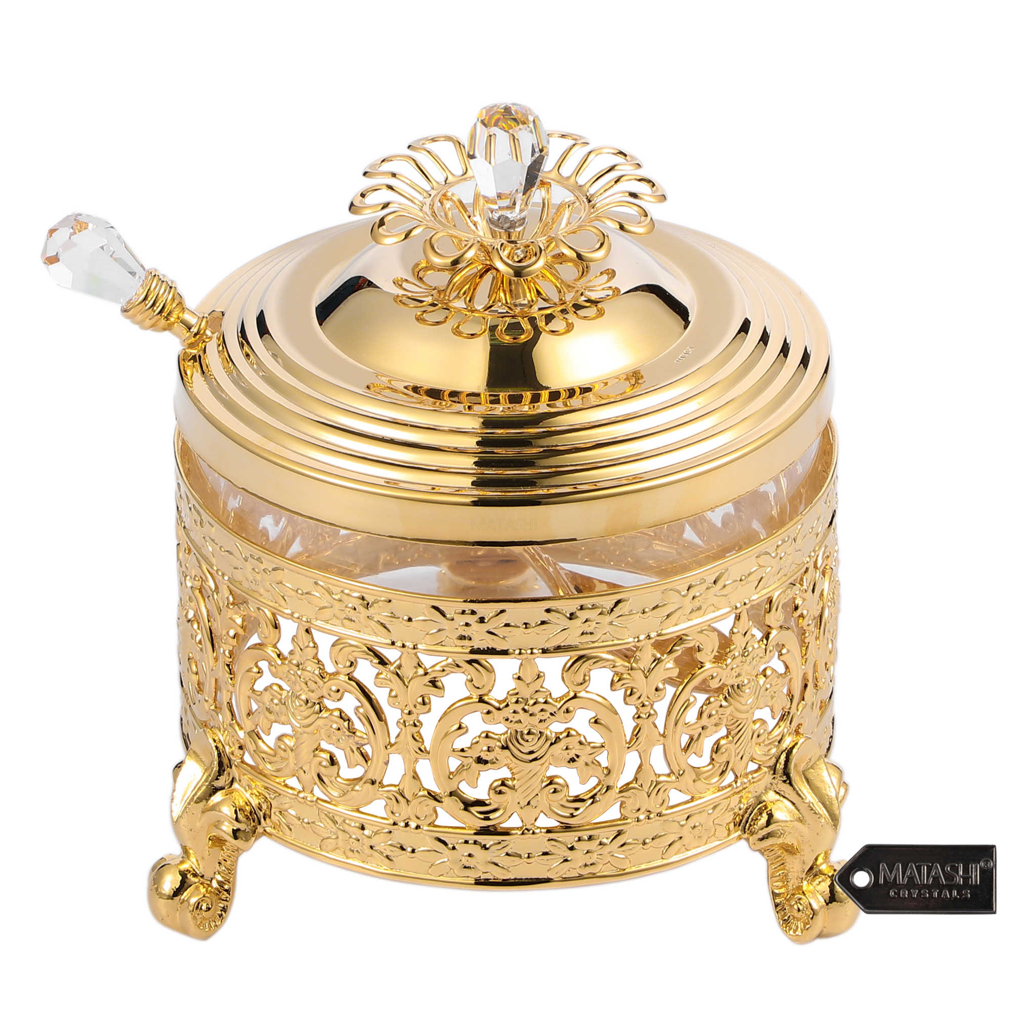 24K Gold Plated Intricate Pattern Designed Decorative Dish With Crystal Studded Spoon -Perfect For Rosh Hashanah