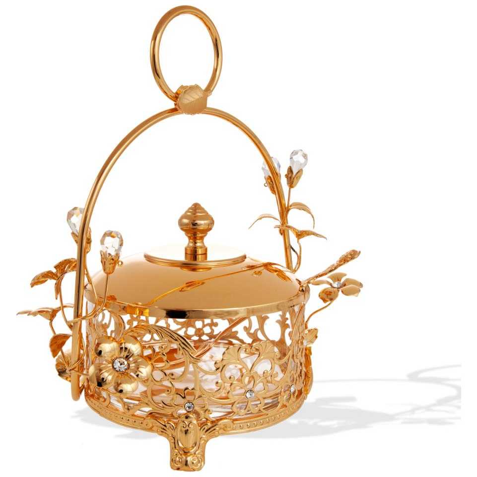 24K Gold Plated Rose Accented Crystal Studded Decorative Dish -Perfect For Rosh Hashanah