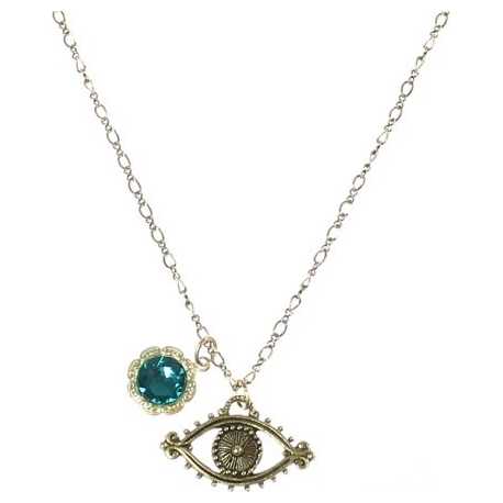 Goldtone Eye With Indigo Crystal Pendant Necklace
