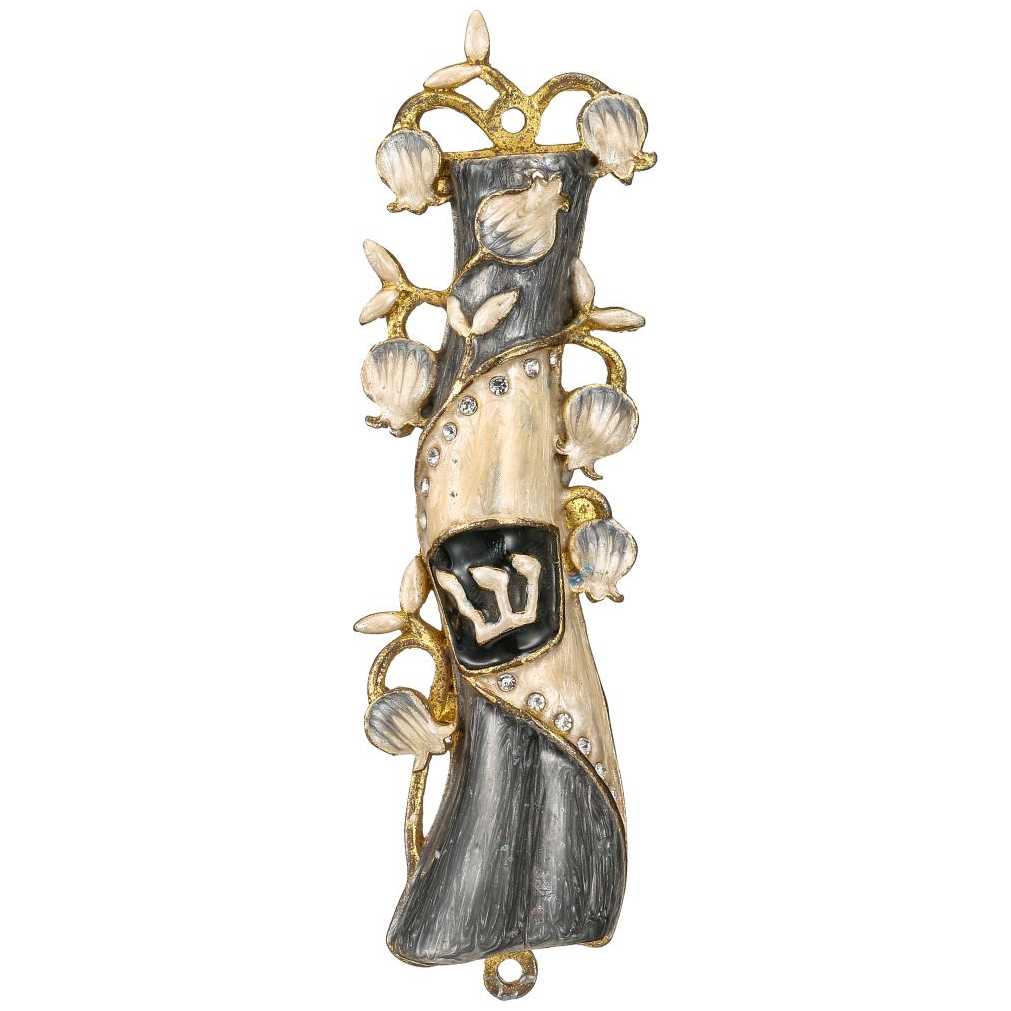 Gray And White Hand Painted Crystalled  Pomegranate Floral Mezuzah Case