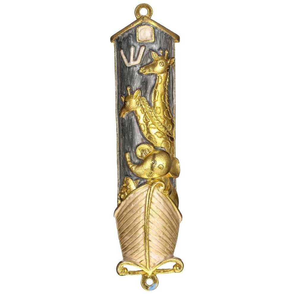 Grey And Gold Hand Painted Noah's Ark Crystalled Mezuzah Case