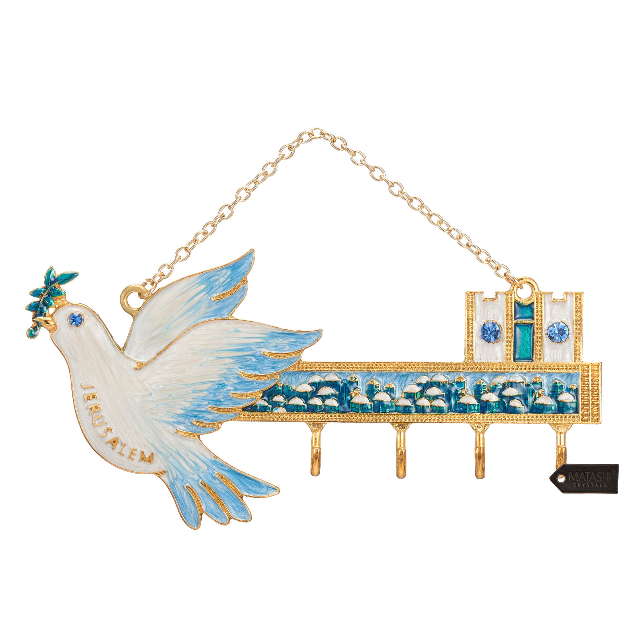 Hand-Painted  Blue And Ivory Jerusalem & Dove Wall Hooks