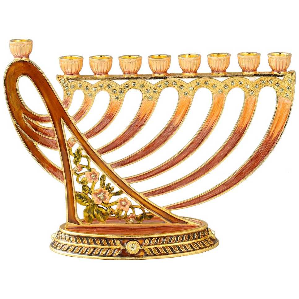 Hand Painted Earthy Red Crystaled Harp Menorah With Gold Accents -Perfect For Hanukkah