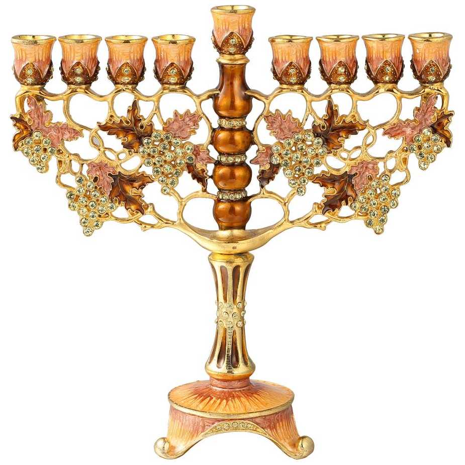 Hand Painted  Earthy Red Grape Vinyard Crystaled Menorah With Gold Accents -Perfect For Hanukkah