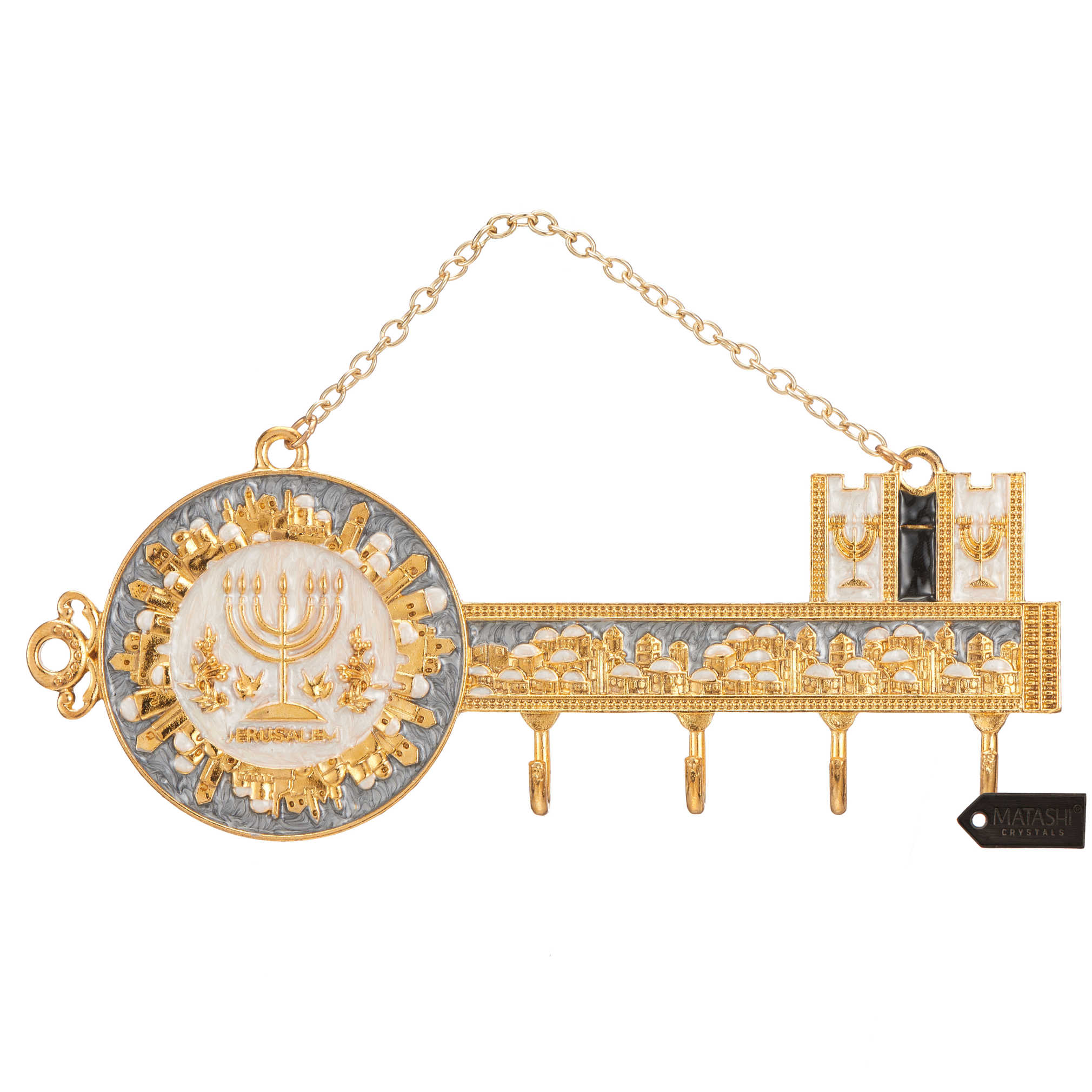 Hand-Painted Menorah And Jerusalem Hanging Wall Hooks -Gray, Gold  Ivory