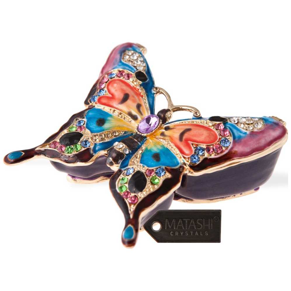 Hand Painted Red And Blue Butterfly In Flight Trinket Box