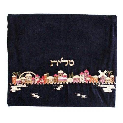 Velvet Embroidered Jerusalem Tallit Bag - Navy