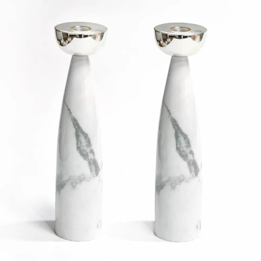 Grey Marble Candlesticks with Silver Holders