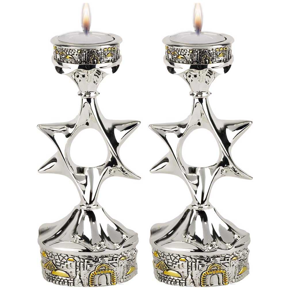 Original Vintage Hand Crafted Contemporary Star of David Using  Metal & A Large Marble Base Sabbath Candle Holder
