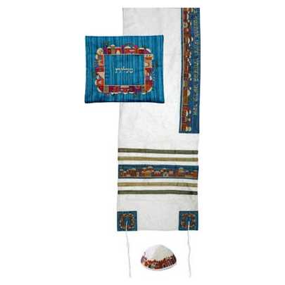 White And Teal Raw Silk Jerusalem Vista Tallit Set By Yair Emanuel - 16" X 70"