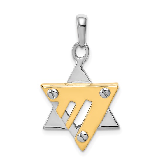 14K Two-Tone Gold Modern Chai Star Of David Chai Pendant
