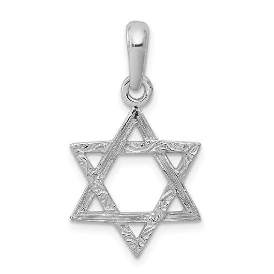 14k White Gold High Polished and Sparkle Cut Hebrew Star of David Pendant Necklace