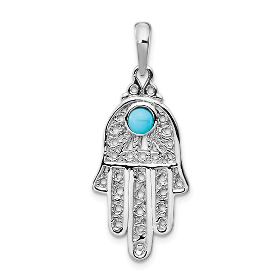 14K White Gold Turquoise Filigree Hamsa Pendant