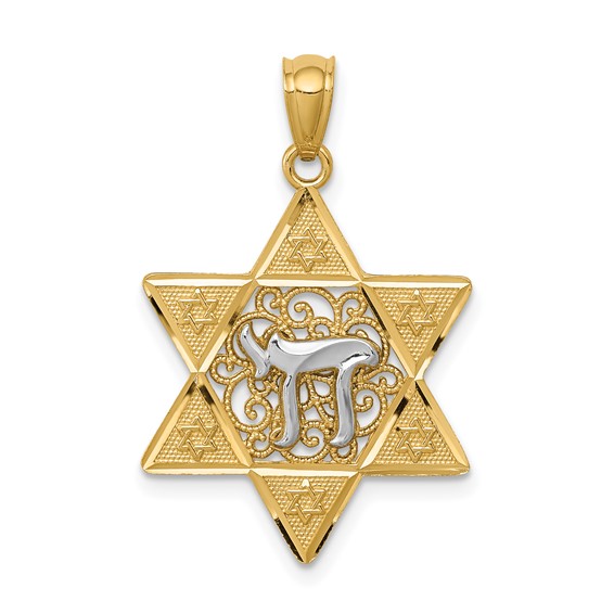 Two-Tone Gold Polished Star Of David With Chai Pendant