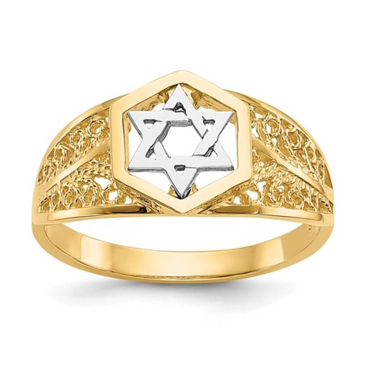 14K Two-Tone Gold Polished Star Of David Ring - Size 7