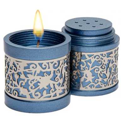 Lasercut Pomegranate Design Aluminum Travel Havdalah Set- Blue With Silver Overlay