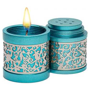 Lasercut Pomegranate Design Aluminum Travel Havdalah Set- Turquoise With Silver Overlay