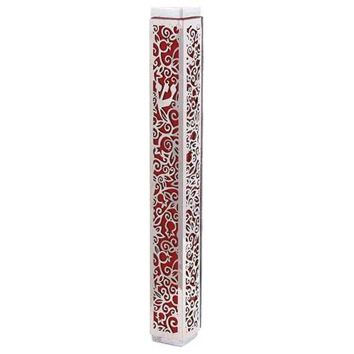 Lasercut Pomegranate Mezuzah Case By Yair Emanuel - Red With Silver Overlay