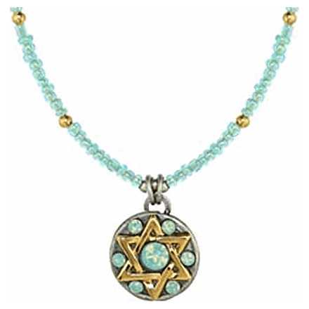 Light Blue Beaded Star Of David Necklace With Beaded Chain