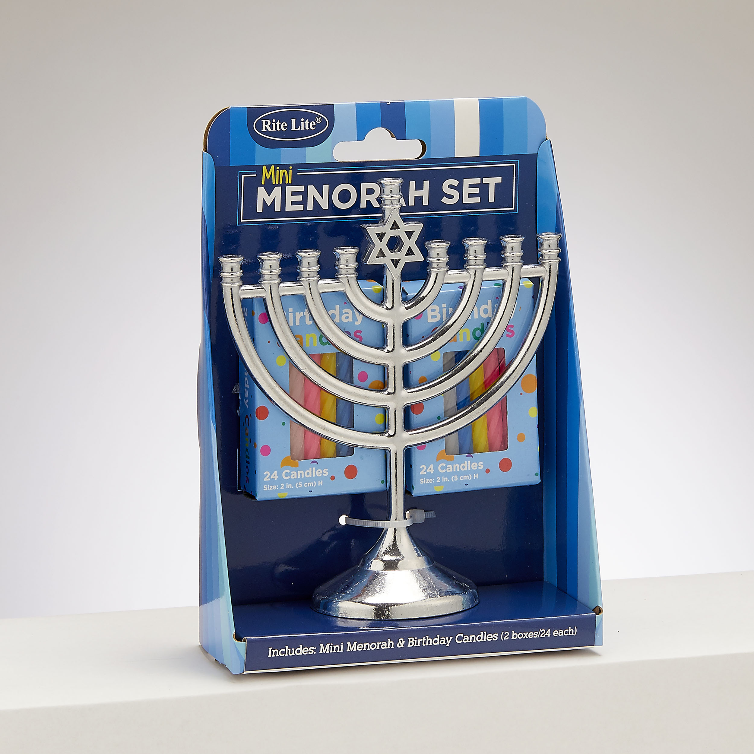 MINI MENORAH SET,ALUM, W/48 BIRTHDAY CANDLES,4"x5",COLORBOX